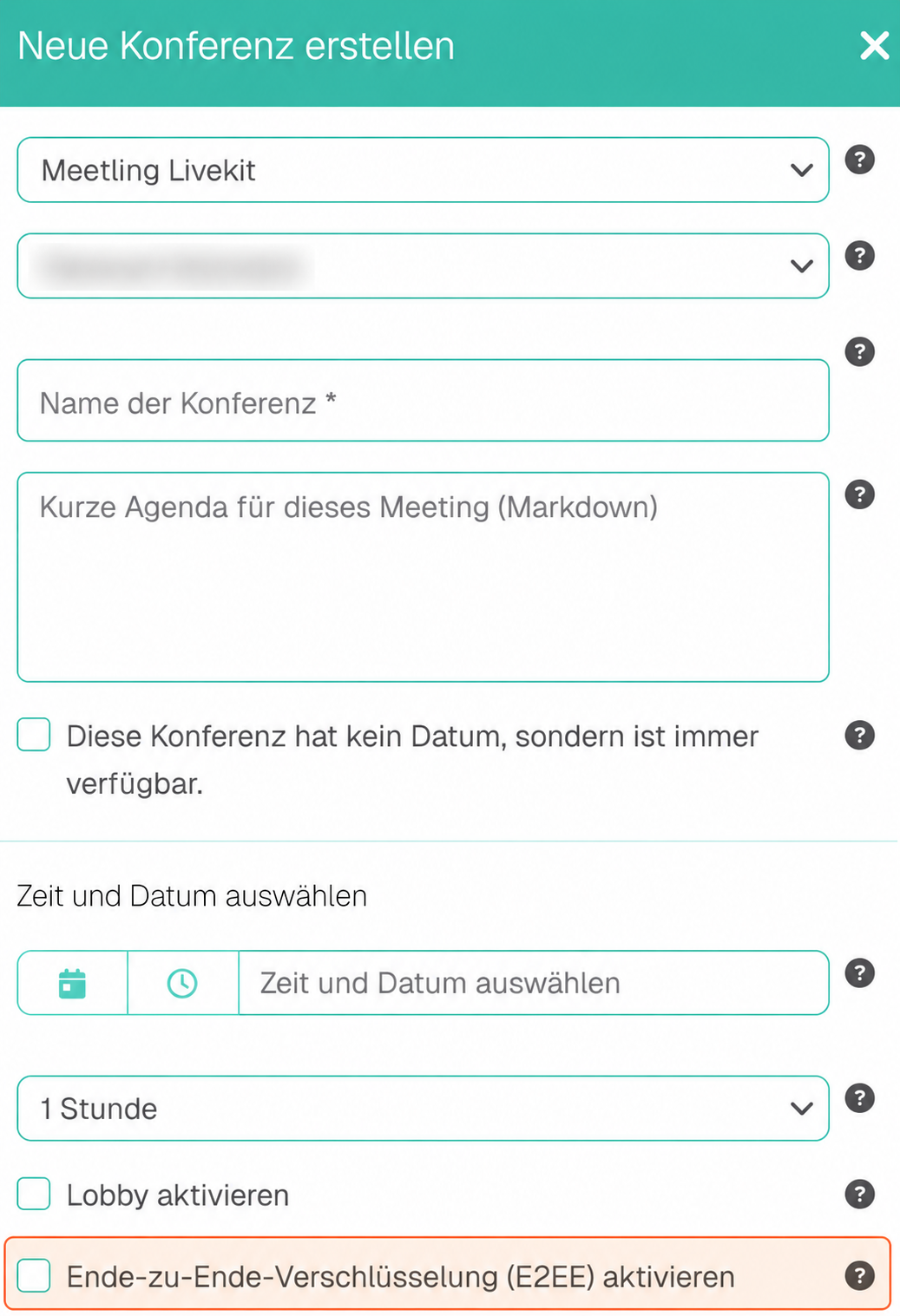 Vollständiger Meetling-Dialog zur Raumerstellung mit orange markierter E2EE-Option und unkenntlich gemachtem Namen