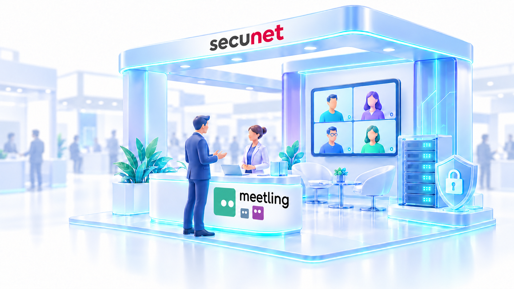 Helle 3D-Illustration eines Messestands mit secunet-Logo am Standrahmen und meetling-Logo auf der Theke, zwei Personen im Gespräch, einem Videokonferenzbildschirm sowie einem Server und einem Schutzschild mit Schloss.