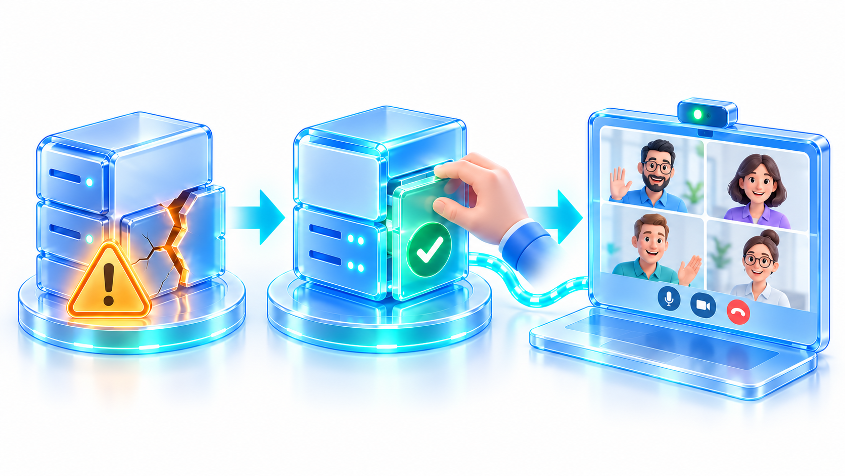 Drei Szenen zeigen eine symbolische PHP-Sicherheitslücke, das Einsetzen eines Updates für eine neue Meetling-Version und eine weiterlaufende Videokonferenz mit vier Personen.