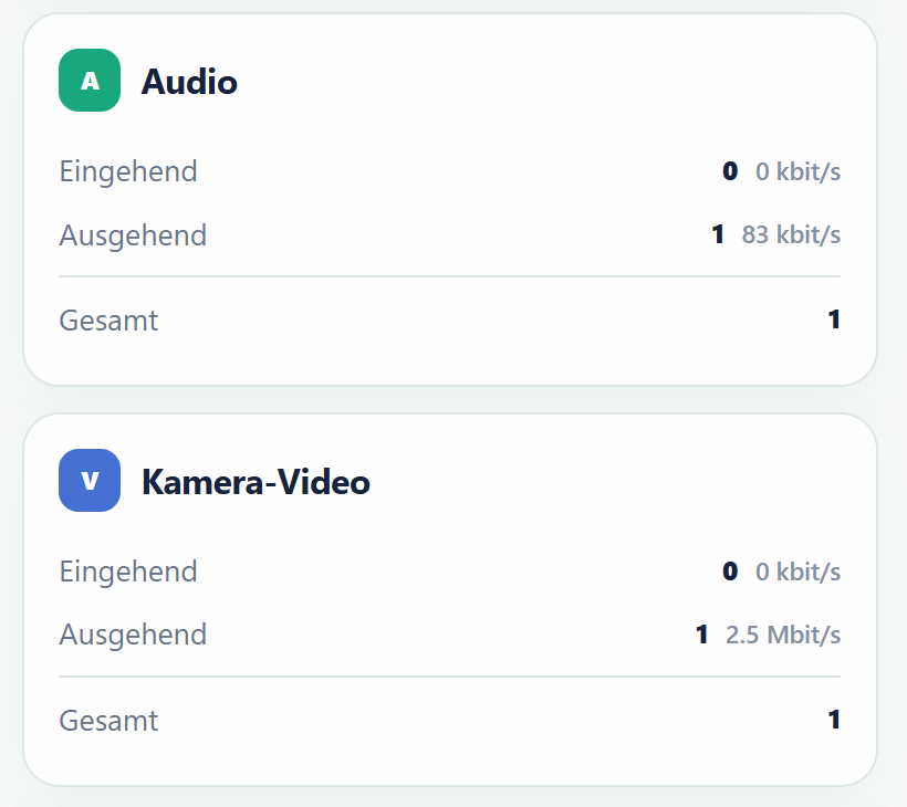 Getrennte Anzeige der ein- und ausgehenden Audio- und Videokanäle mit aktueller Bitrate